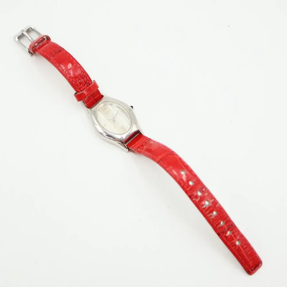 Vintage 1996 Guess Striped MOP Watch 22mm Oval Dial Red Leather w New Battery